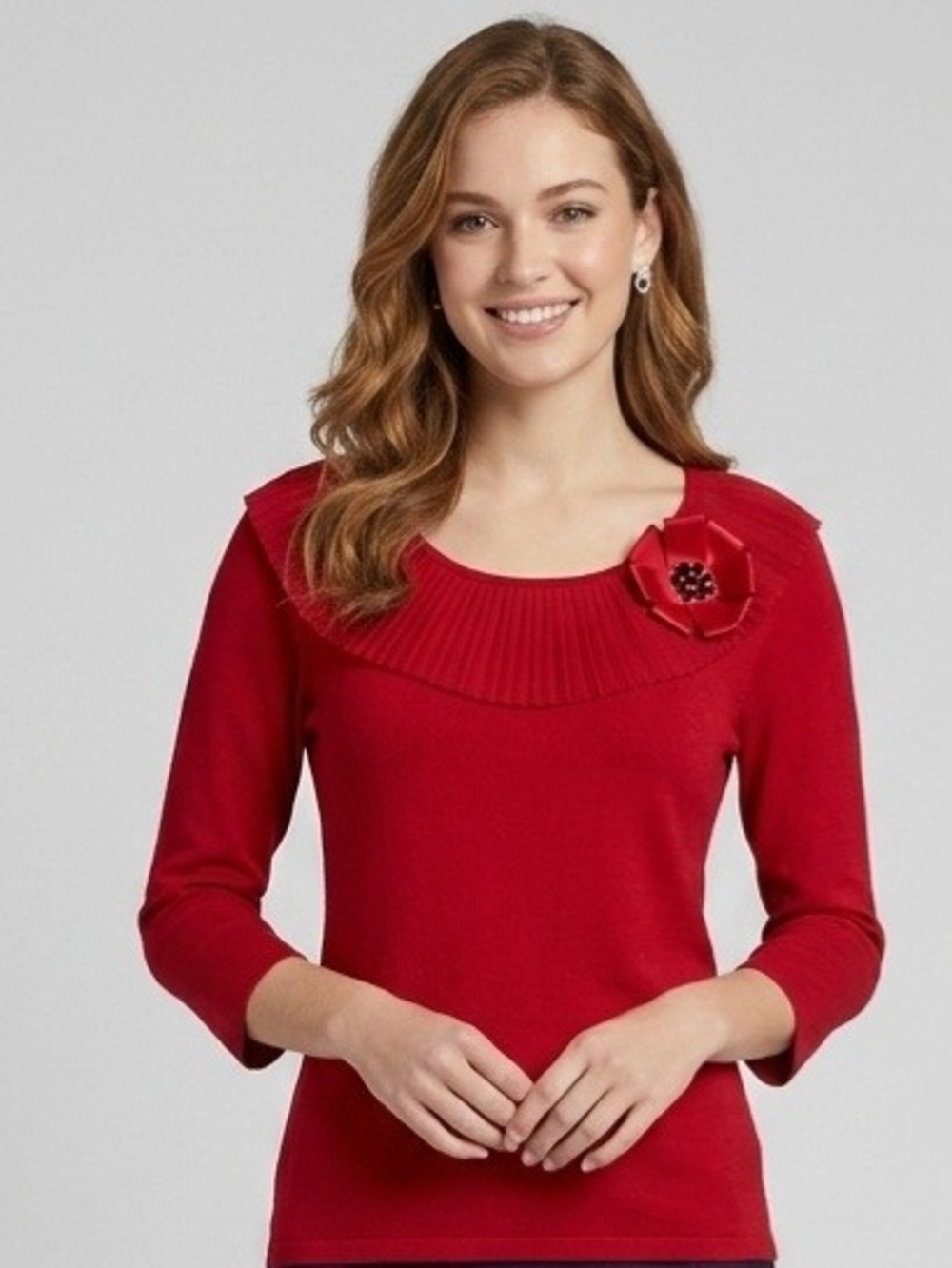 Red Pleated Yoke Flower Applique Sweater - Women